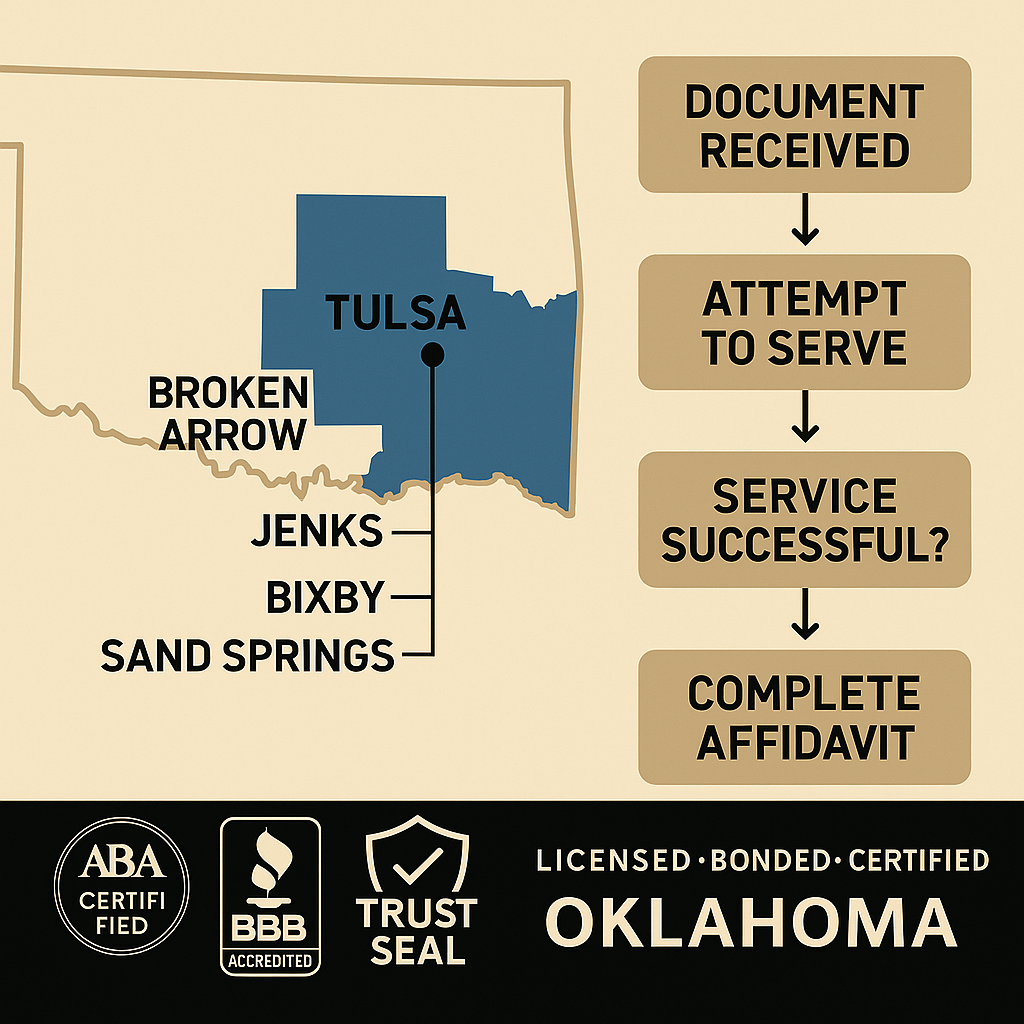 Oklahoma process server service area map covering Tulsa and surrounding counties